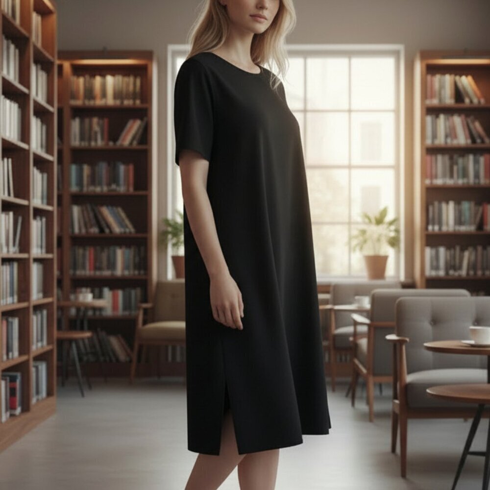Eileen Fisher Minimalist Dress Size Medium Black Short Sleeves A-Line Keyhole